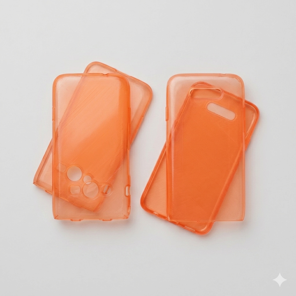 3D-printed phone case prototype in Coral Orange TPU